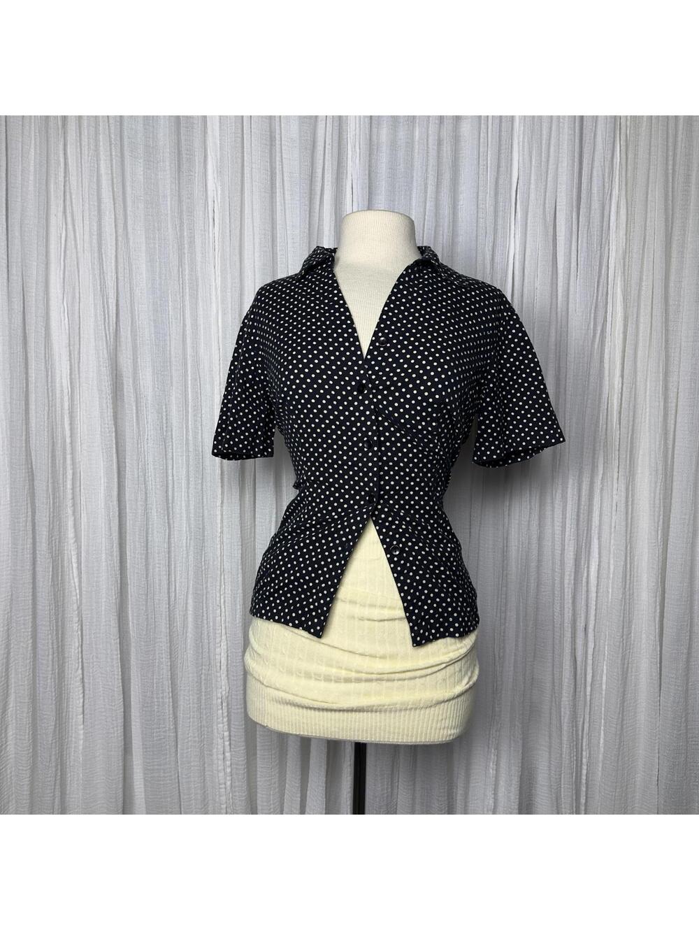 Vintage Preppy Grunge Boho Indie Black Polka Dot Oversized Button-Up Shirt (S)